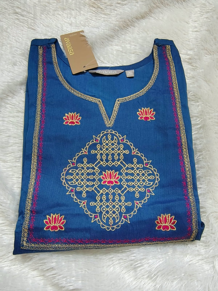 Peacock Blue Kolam Embroidery Kurti